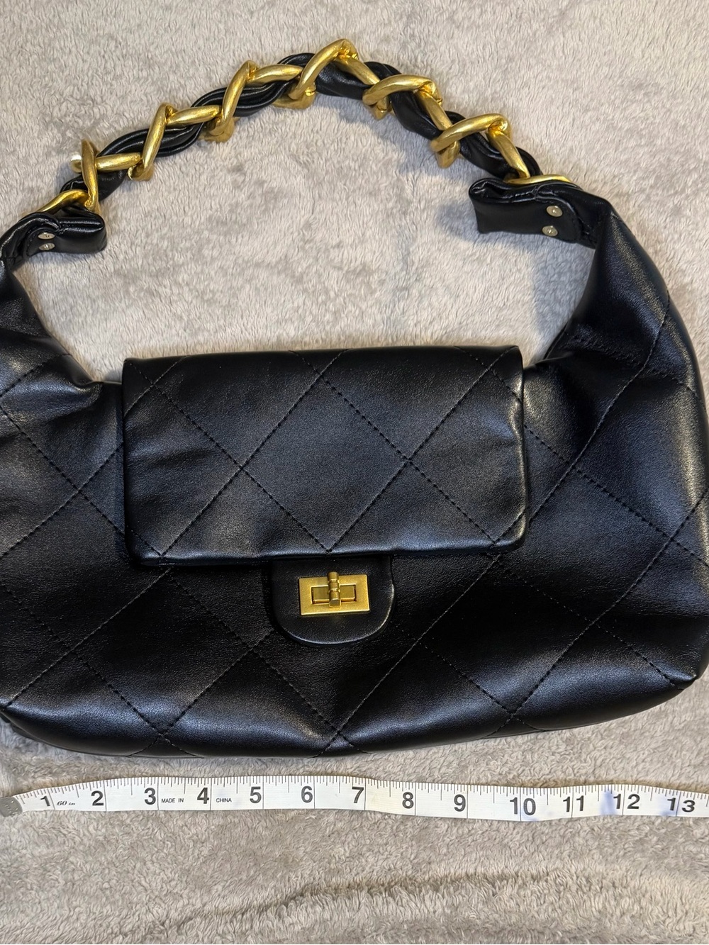 Black Quilted Shoulder Bag with Gold Chain Handle